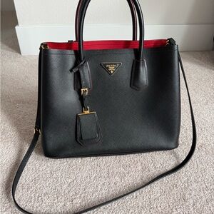 Prada Double Medium Saffiano Bag in black/red